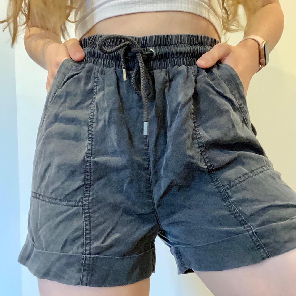 Navy blue high-waisted chambray drawstring shorts
